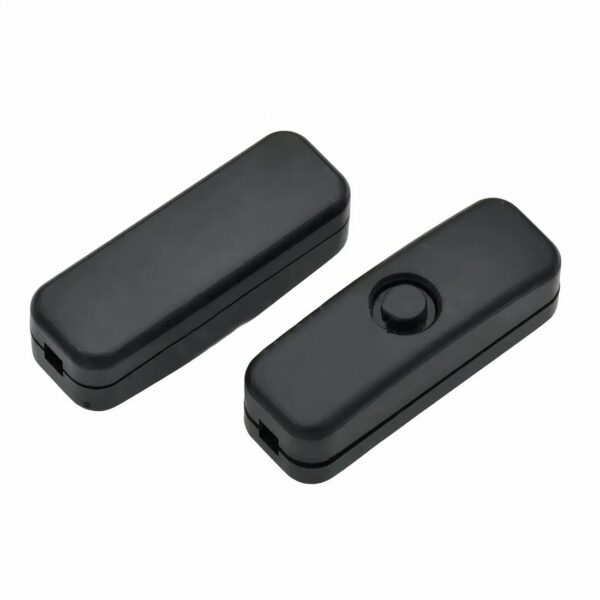 Interrupteur pour lampe de chevet noir, montré à l'endroit et à l'envers, sur fond blanc.