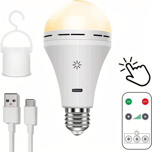 Image montrant une ampoule LED, une attache, un câble USB et une télécommande, le tout sur fond blanc