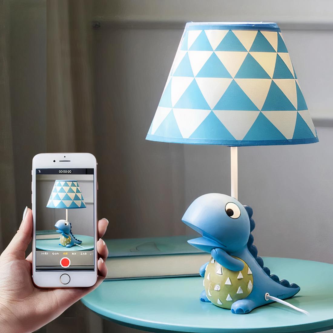 Lampe de chevet dinosaure abat-jour motif triangle avec un fond une chambre