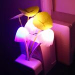 Lampe de chevet veilleuse champignon, branchée et allumée.
