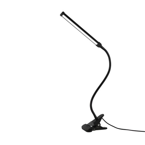 Lampe de chevet pince noir à clipser avec 3 modes sur fond blanc