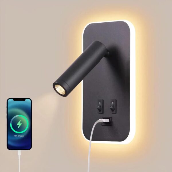 Lampe de chevet murale avec port usb et double interrupteur