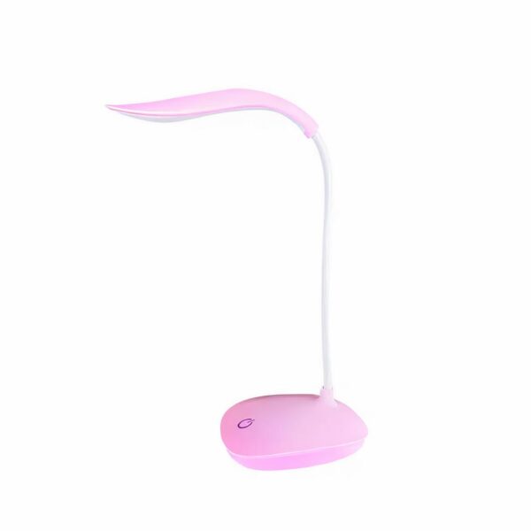Lampe de chevet rose avec socle carré rose, tige blanche et tête en forme de bec de canard rose. Sur fond blanc.