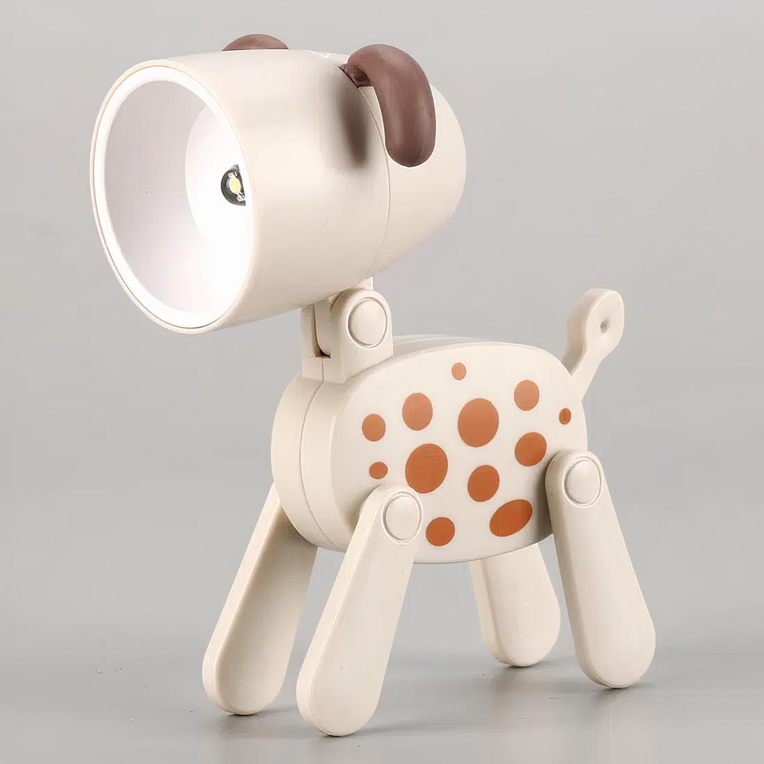 Mini lampe chien blanc avec des pois marron sur un fond gris