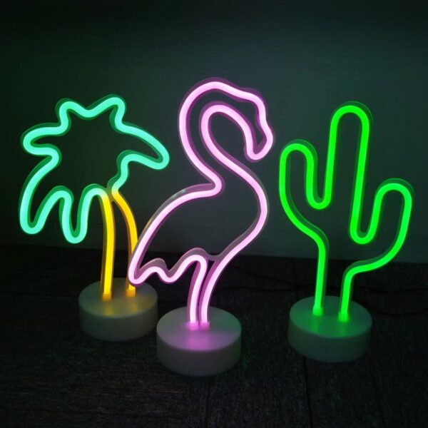 3 lampes sans fil néon Palmier, flamant rose et cactus
