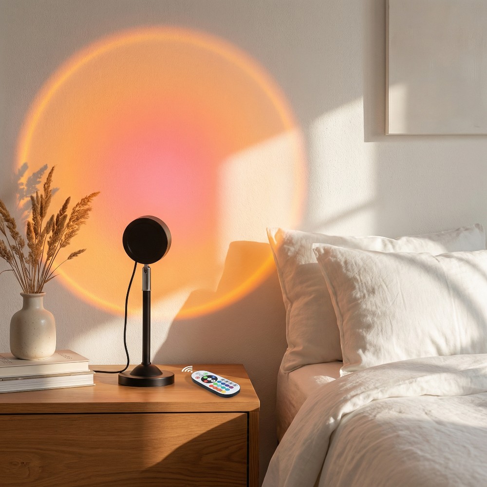 Accueil Lampe halo projection télécommandée, noire et argent, posée sur table, projette cercle lumineux orange sur mur, télécommande visible au premier plan.