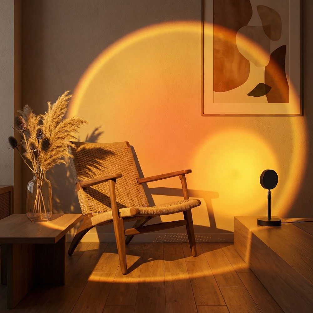 Accueil Lampe halo contrôlable effet sunset RGB projetant un grand cercle lumineux orangé sur un mur beige, derrière un fauteuil en bois et rotin dans un décor chaleureux.