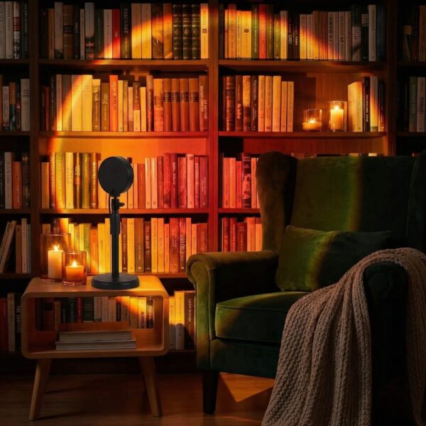 Une lampe halo LED sur pied effet coucher de soleil projetant un cercle lumineux doré sur une bibliothèque, un fauteuil vert velours est au premier plan.