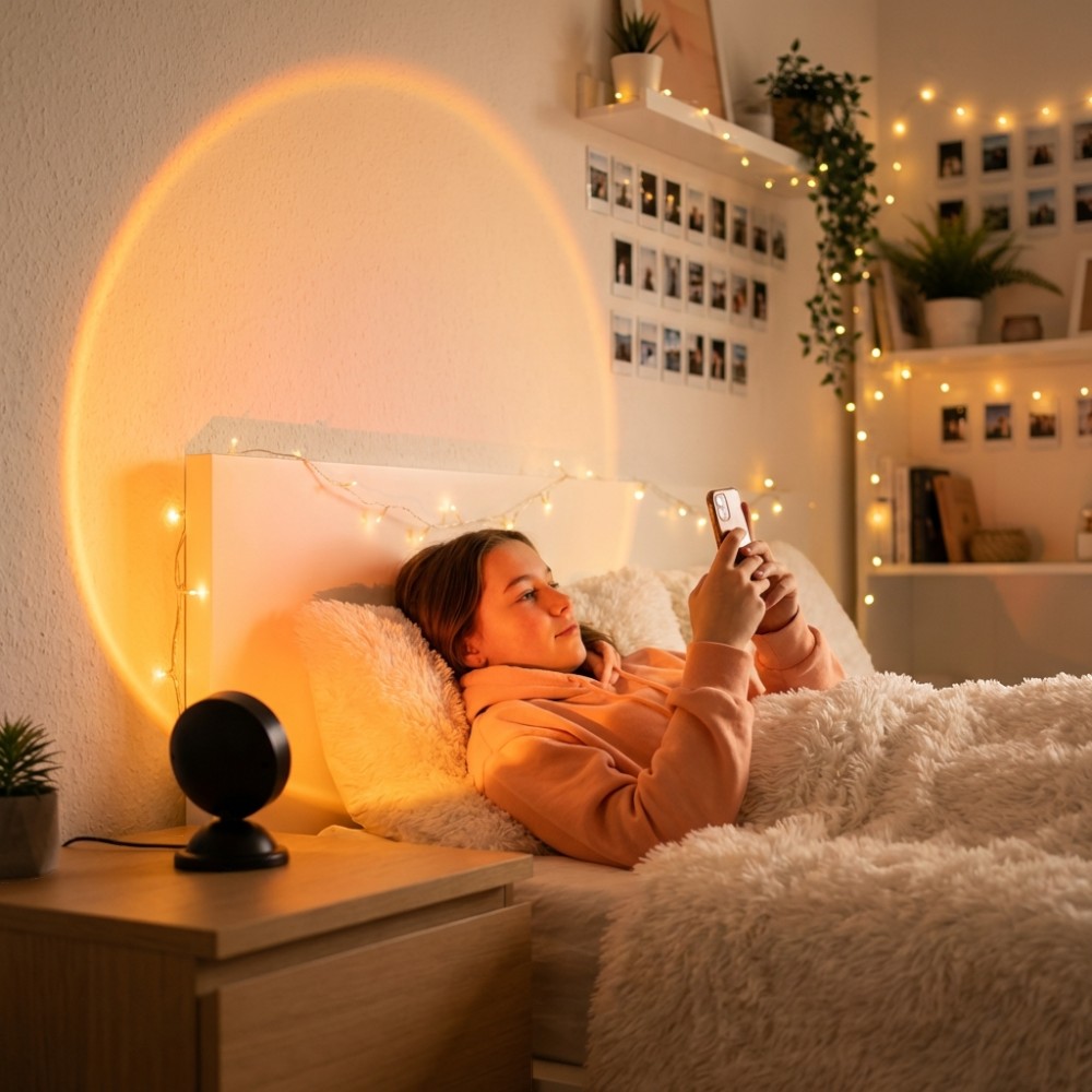 Accueil Une jeune fille allongée dans sont lit avec son smartphone, une projection circulaire orange intense, derrière elle, sur mur blanc créée par lampe halo multicolore 16 nuances USB.