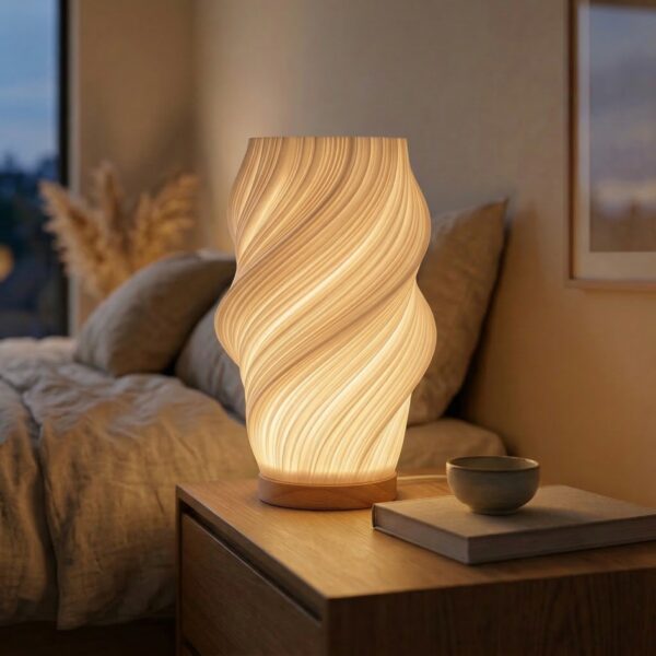 Lampe de chevet design contemporain base bois posée sur table, diffuse lumière chaude à travers abat-jour plissé, ambiance cosy près lit avec déco moderne apaisante.