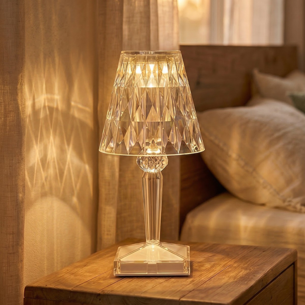Accueil Lampe de chevet effet cristal scintillant rechargeable posée sur table bois, diffuse lumière chaude avec reflets géométriques élégants, créant ambiance cosy près lit.