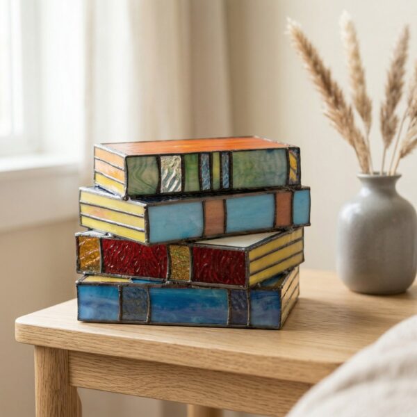 Lampe de chevet vitrail style livres vintage dans un environnement cosy, sur une table en bois beige, avec un vase en gris.