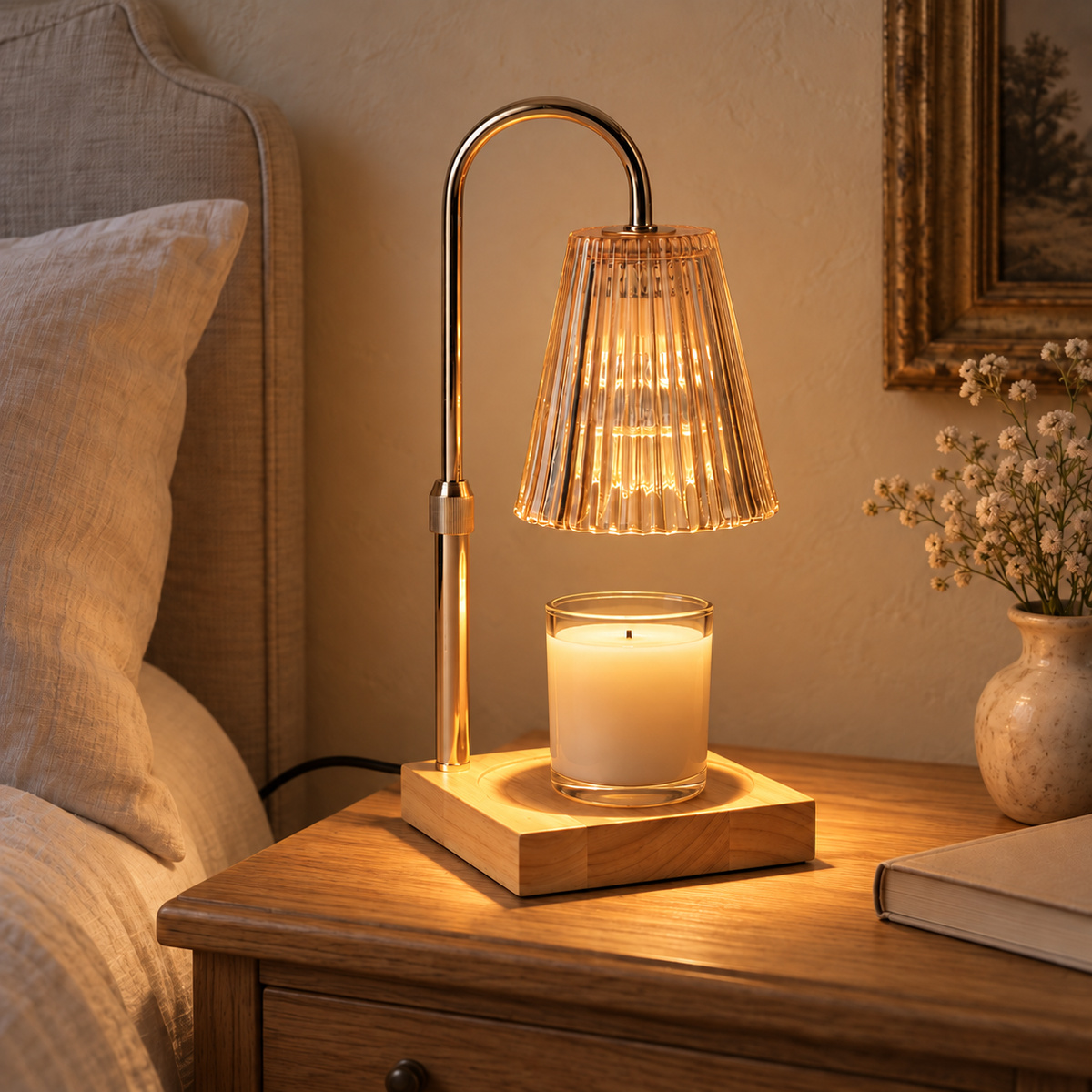 Accueil Lampe chauffe-bougie ambrée à pied doré sur une table de chevet